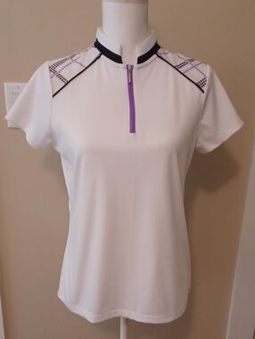 Izod Women's White Short-Sleeve Performance Golf Shirt with Purple  Accents